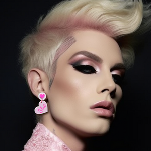 Portrait of a androgynous blonde hair person in their early 20's wearing soft glam pink makeup and dangle heart earrings that say "Slut" on them
