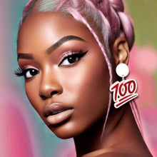 Beautiful young black woman wearing 100 emoji dangle earrings