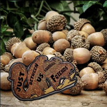 Acorns with a decorative metal badge reading 'Just Us Southerners Are Friends' on a natural background.