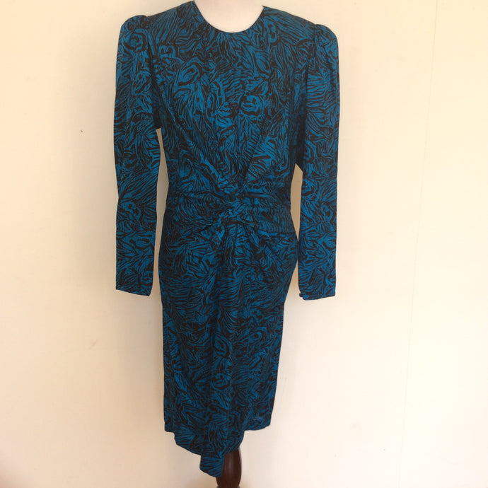 Vintage 1980's silk turquoise/black dress Size 10