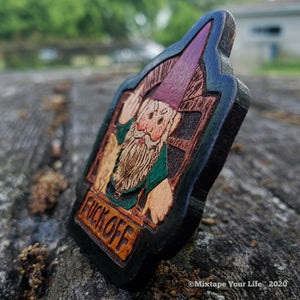 Angry Gnome and Squirrel Handmade Wood Lapel Pin