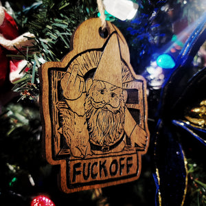 Angry Gnome and Squirrel Handmade Wood Ornament